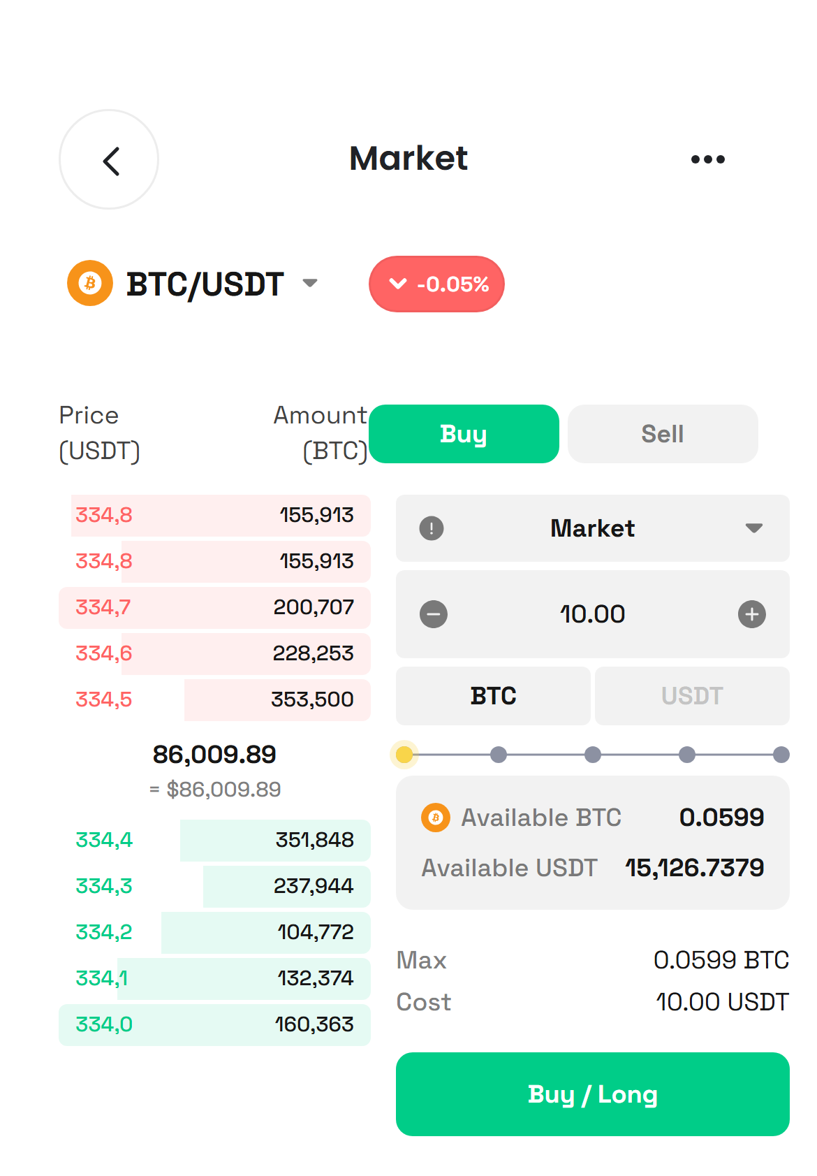 Écran Marché de la Mini App Qardex avec le carnet d’ordres BTC/USDT